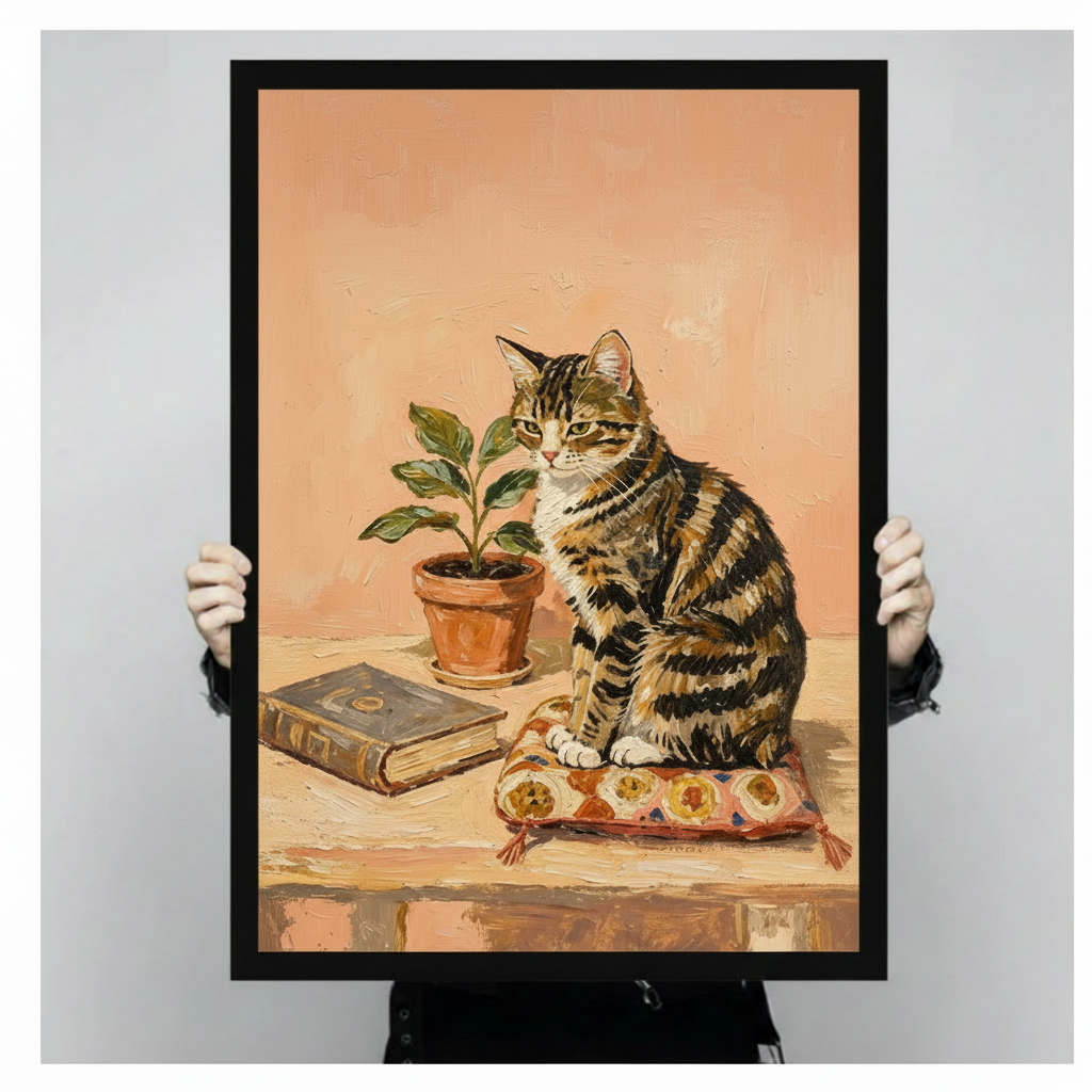 Oil painting art print of a brown tabby cat seated on a patterned tasseled cushion next to a green leafy potted plant and antique book on a warm wooden shelf with peach pink impasto background cozy cottagecore cat wall art framed print held up against a light gray background