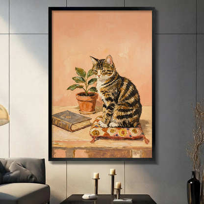 Oil painting of a tabby cat sitting on a patterned cushion on a wooden shelf beside a terracotta potted plant and old book against a warm peach pink textured wall cozy vintage cat wall art framed print in a living room with dark gray sofa candle holders and black vase