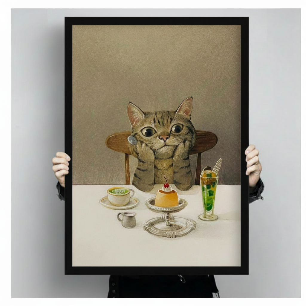 Tabby cat with big eyes sitting before cafe desserts and drinks, premium framed canvas art print held up showing full artwork detail