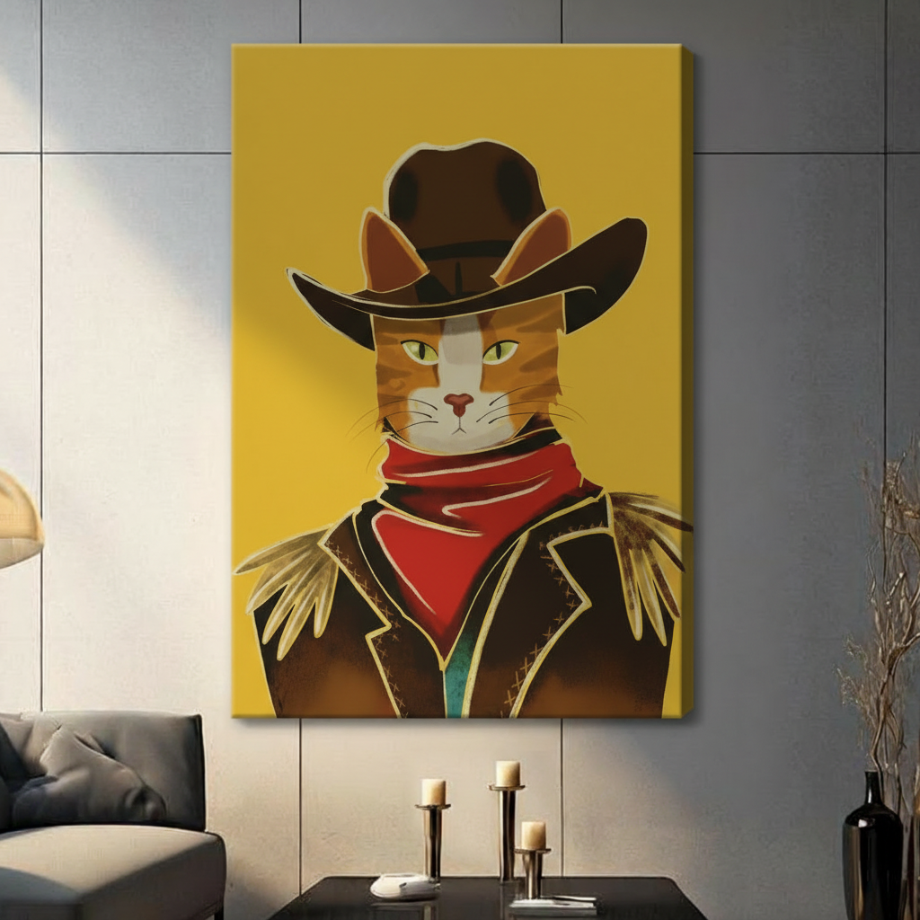 Graphic portrait of a bold orange tabby cat wearing a wide-brim brown cowboy hat red neckerchief and dark fringed jacket against a flat bright yellow background western cat wall art stretched canvas in a living room with dark gray panel wall dark sofa and black vase