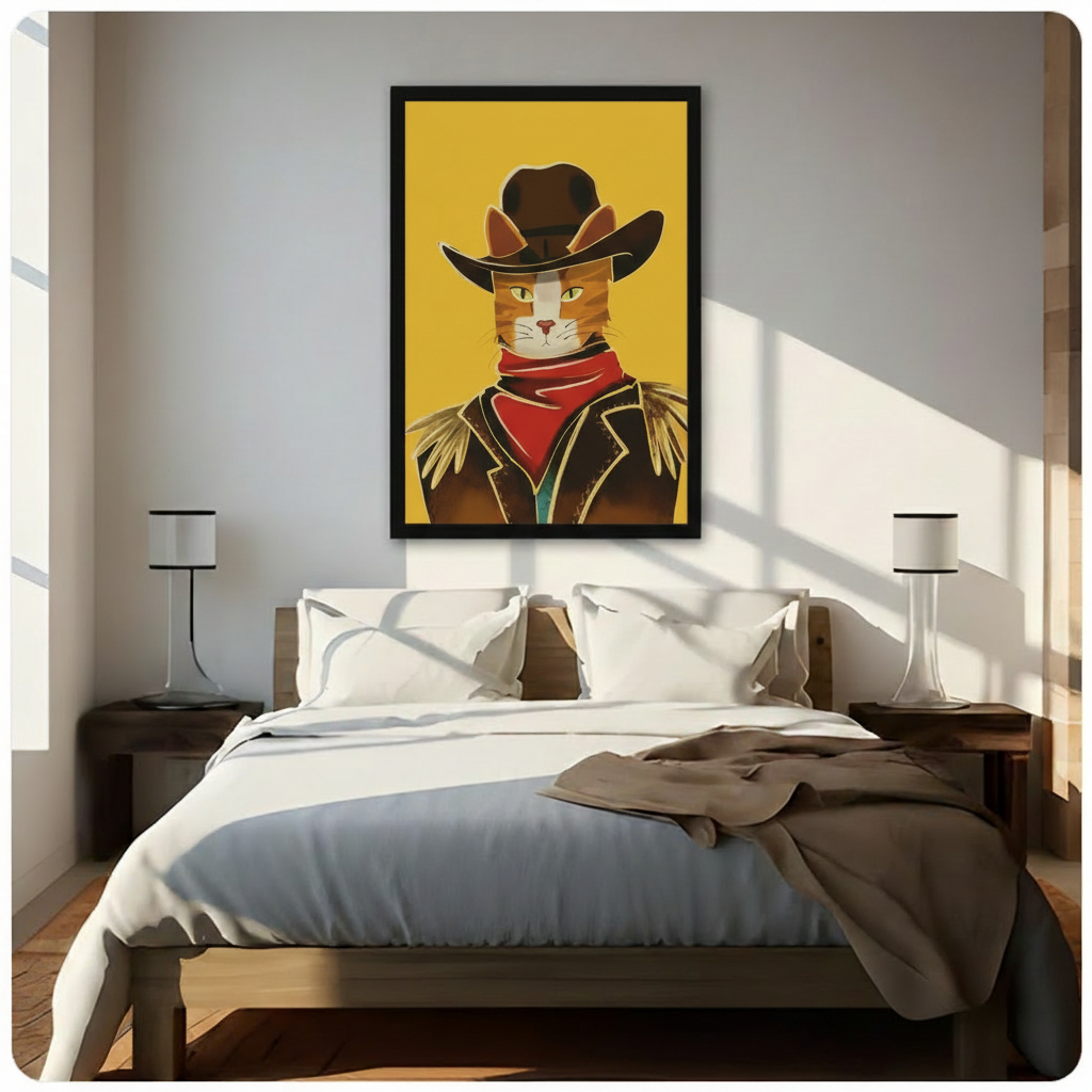 Bold graphic portrait of an orange tabby cat in a wide brown cowboy hat red bandana and dark fringed leather jacket against a bright flat yellow background western cat wall art framed print above a bedroom with white linen bedding dark wood bed frame and cylindrical table lamps