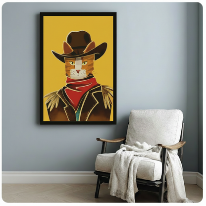 Bold graphic cat portrait of an orange tabby in a brown cowboy hat red bandana and fringed leather coat against a bright yellow background fun western cat wall art framed print beside a white linen armchair on a blue gray wall