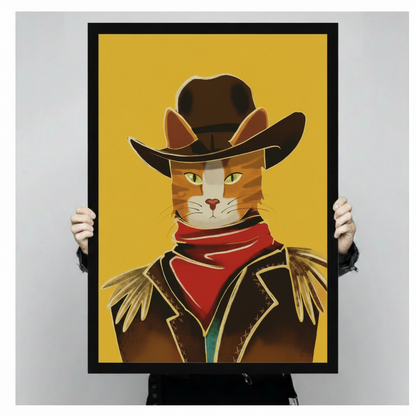 Graphic illustration of a stern orange tabby cat in a dark cowboy hat red scarf and fringed jacket on a vivid yellow background bold cowboy cat wall art framed print held against a light gray background