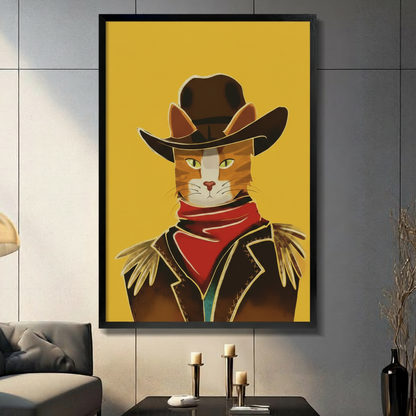 Bold graphic illustration of an orange tabby cat in a dark brown cowboy hat red bandana and fringed leather jacket against a vivid yellow background cowboy cat wall art framed print in a living room with dark gray panel wall dark sofa and black vase