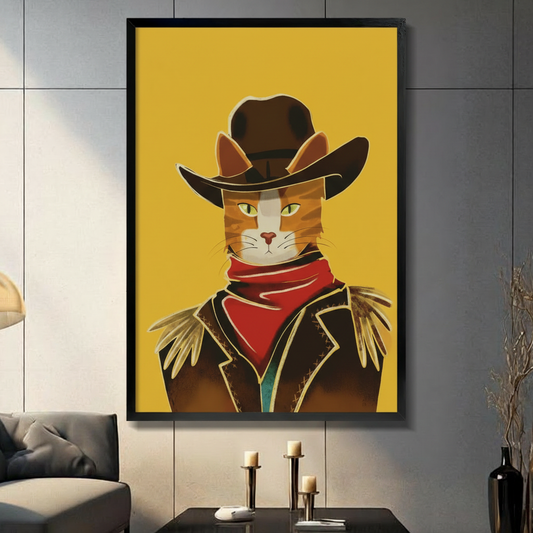 Bold graphic illustration of an orange tabby cat in a dark brown cowboy hat red bandana and fringed leather jacket against a vivid yellow background cowboy cat wall art framed print in a living room with dark gray panel wall dark sofa and black vase