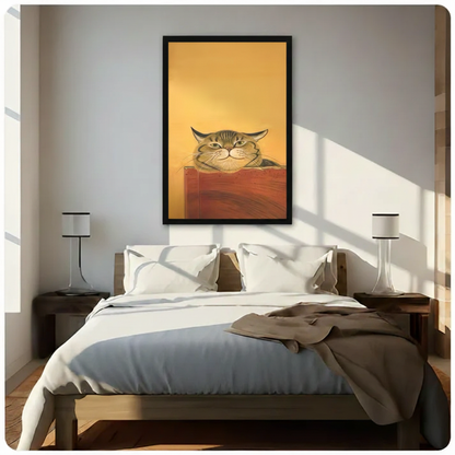 Tabby cat portrait canvas print above sofa — warm golden wall art for cat lovers available in framed or stretched finish