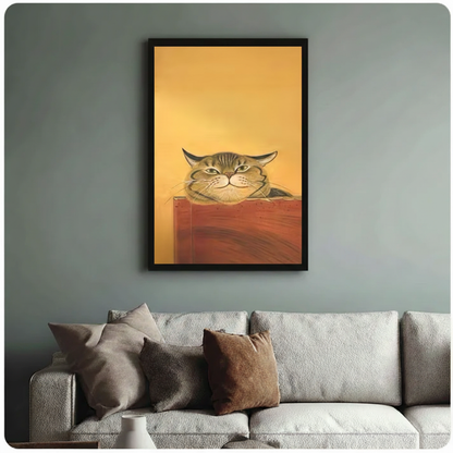 Tabby cat canvas wall art styled in living room — warm golden cat portrait print for modern American home decor