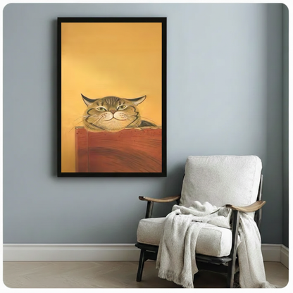 Framed tabby cat portrait canvas close-up detail — rich oil painting texture with warm amber tones, ideal cat lover gift