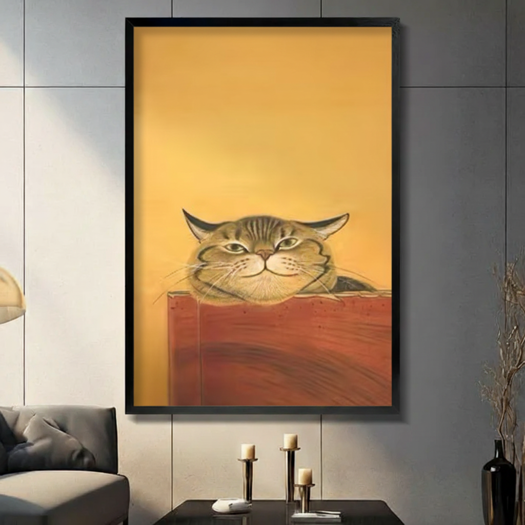 Tabby cat golden portrait framed canvas wall art — realistic oil painting style with warm amber background, ready to hang