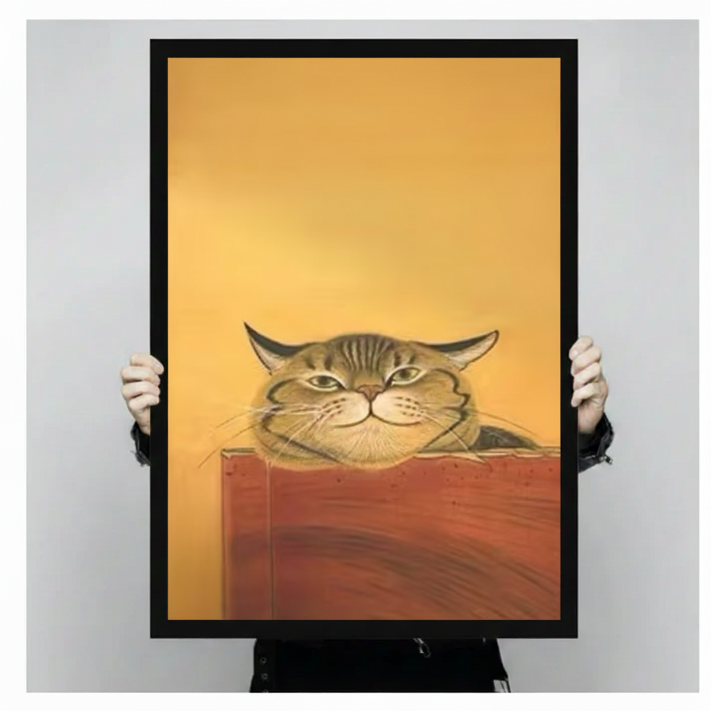 Stretched canvas tabby cat portrait detail — realistic cat oil painting print in golden palette for bohemian home decor