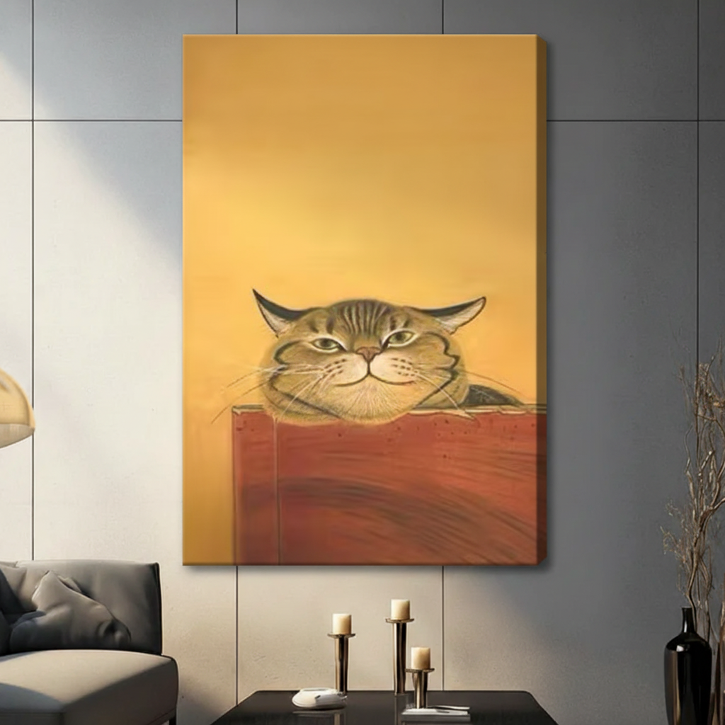 Stretched canvas tabby cat portrait print — vintage oil painting style with golden background, gallery-wrapped frameless wall art