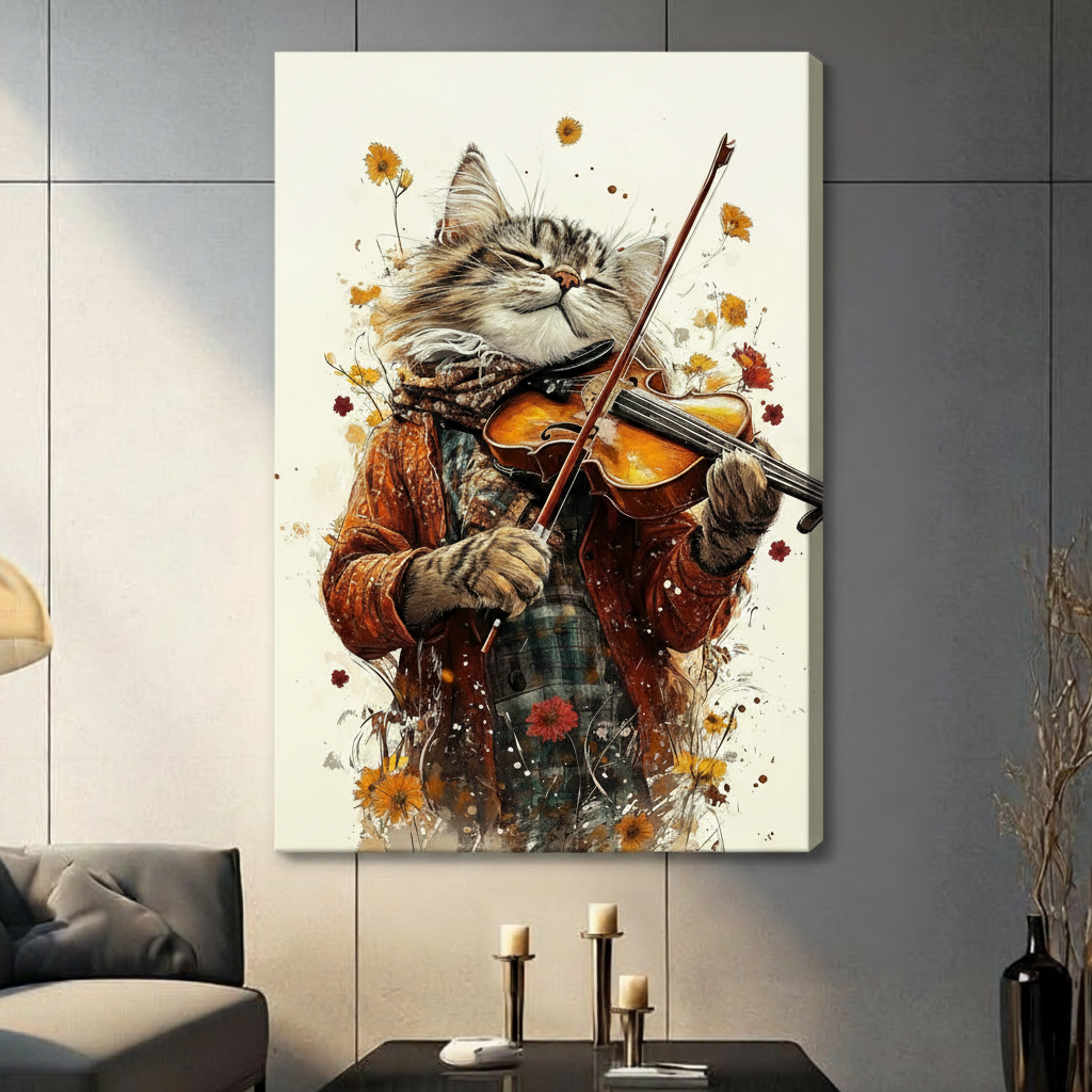 Watercolor splash illustration of an ecstatic tabby cat musician in a worn orange coat and teal plaid scarf playing violin with scattered yellow and red floral blooms and paint splatter on a cream white background whimsical music cat wall art stretched canvas in a living room with dark gray panel wall dark sofa and black vase