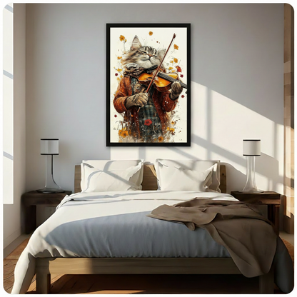 Watercolor illustration of an enraptured tabby cat musician in an orange jacket and teal plaid scarf playing violin with yellow and red wildflowers and ink splashes on a cream background whimsical music cat wall art framed print above a bedroom with white linen bedding dark wood bed frame and white table lamps