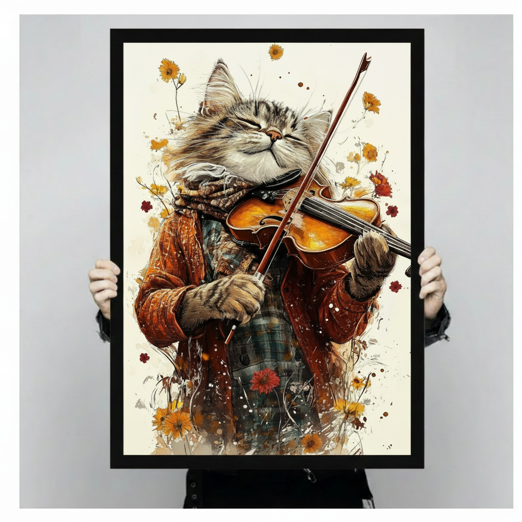Watercolor splash illustration of a fluffy tabby cat wearing an orange coat and plaid scarf playing violin with eyes closed surrounded by scattered wildflowers and paint splatter on a cream white background whimsical music cat wall art framed print held against a light gray background