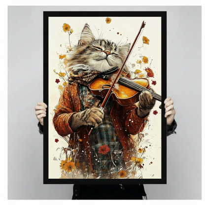 Watercolor splash illustration of a fluffy tabby cat wearing an orange coat and plaid scarf playing violin with eyes closed surrounded by scattered wildflowers and paint splatter on a cream white background whimsical music cat wall art framed print held against a light gray background