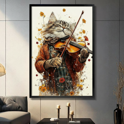 Watercolor illustration of a fluffy tabby cat in an orange jacket and plaid scarf playing violin with eyes closed in bliss surrounded by scattered yellow and red wildflowers and ink splashes on a cream background music cat wall art framed print in a living room with dark gray panel wall dark sofa and black vase