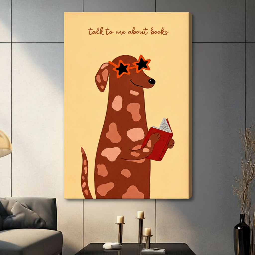 Stretched canvas whimsical dog reading book wall art with talk to me about books quote, gallery-wrapped cute bookworm illustration on warm yellow background for living room
