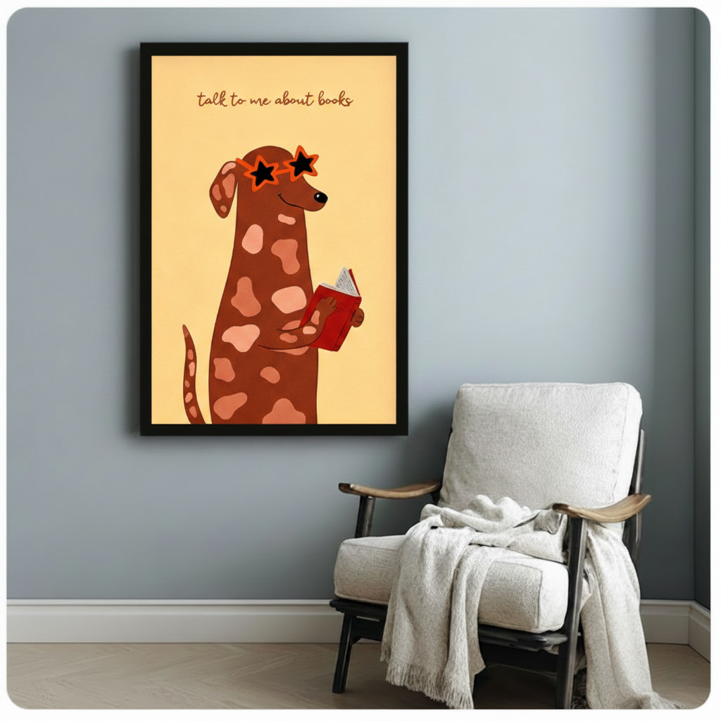 Funny dog with star glasses reading book framed art print in black frame on blue-gray wall beside white linen armchair, cute bookworm quote wall decor for reading nook or study