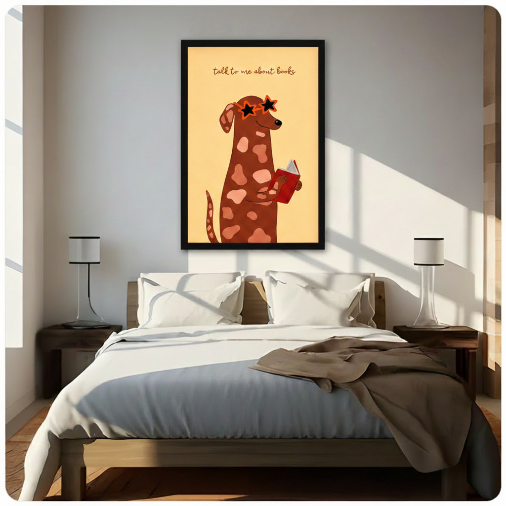 Whimsical bookworm dog framed canvas wall art in black frame above wooden bed with white linen bedding, cute talk to me about books quote illustration for bedroom statement wall