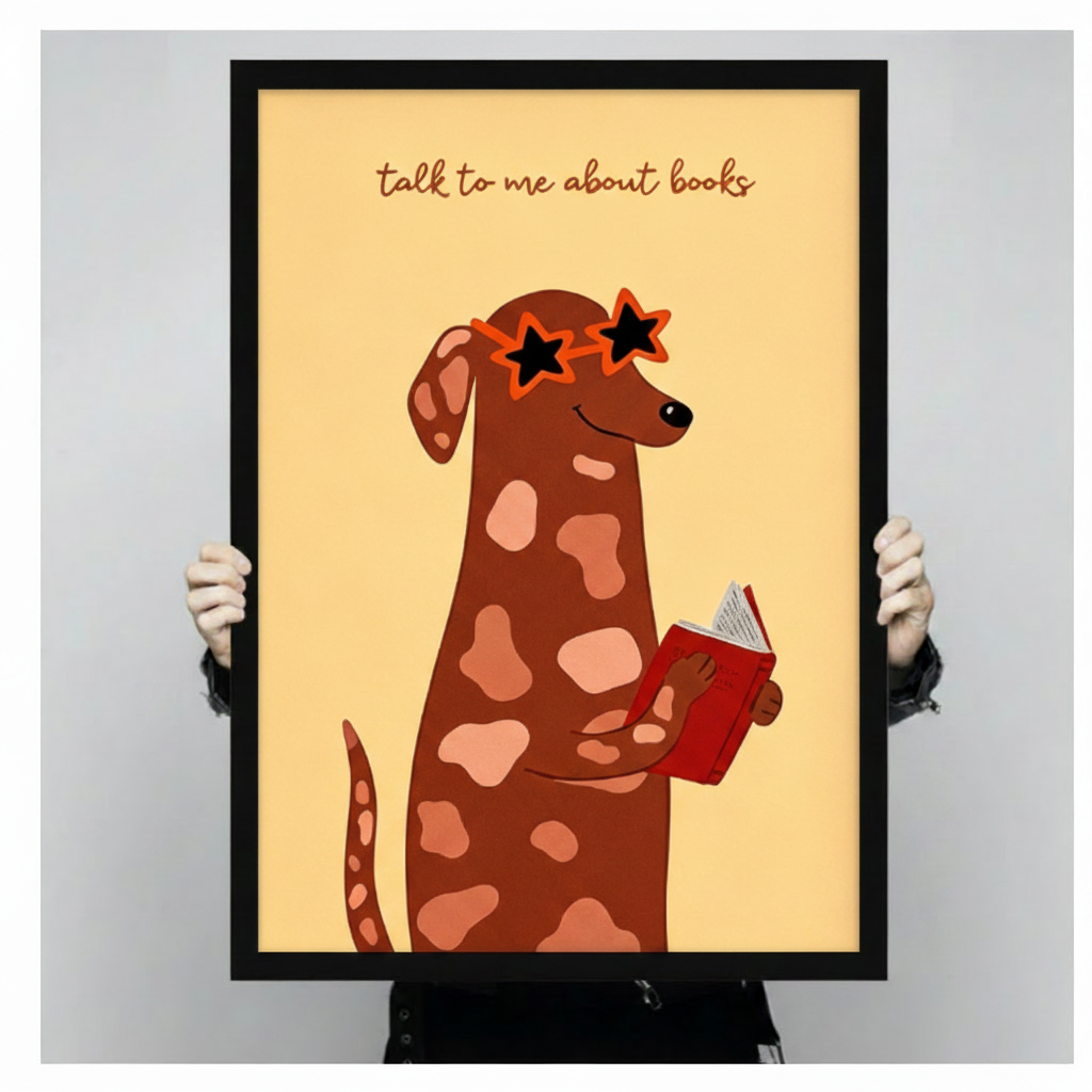 Talk to me about books dog art print held up showing full whimsical illustration, spotted brown dog with star sunglasses reading red book in black frame against neutral gray background