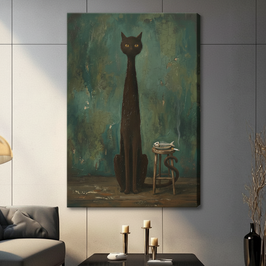 Gothic elongated black cat canvas print in black frame above bed, vintage oil painting style bedroom wall decor