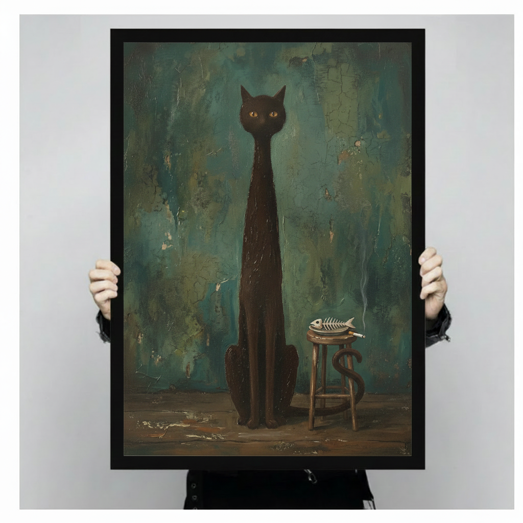 Elongated black cat framed art print with fish skeleton detail, dark fantasy oil painting style beside reading chair