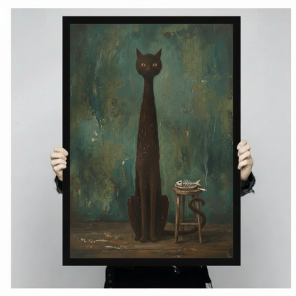 Elongated black cat framed art print with fish skeleton detail, dark fantasy oil painting style beside reading chair