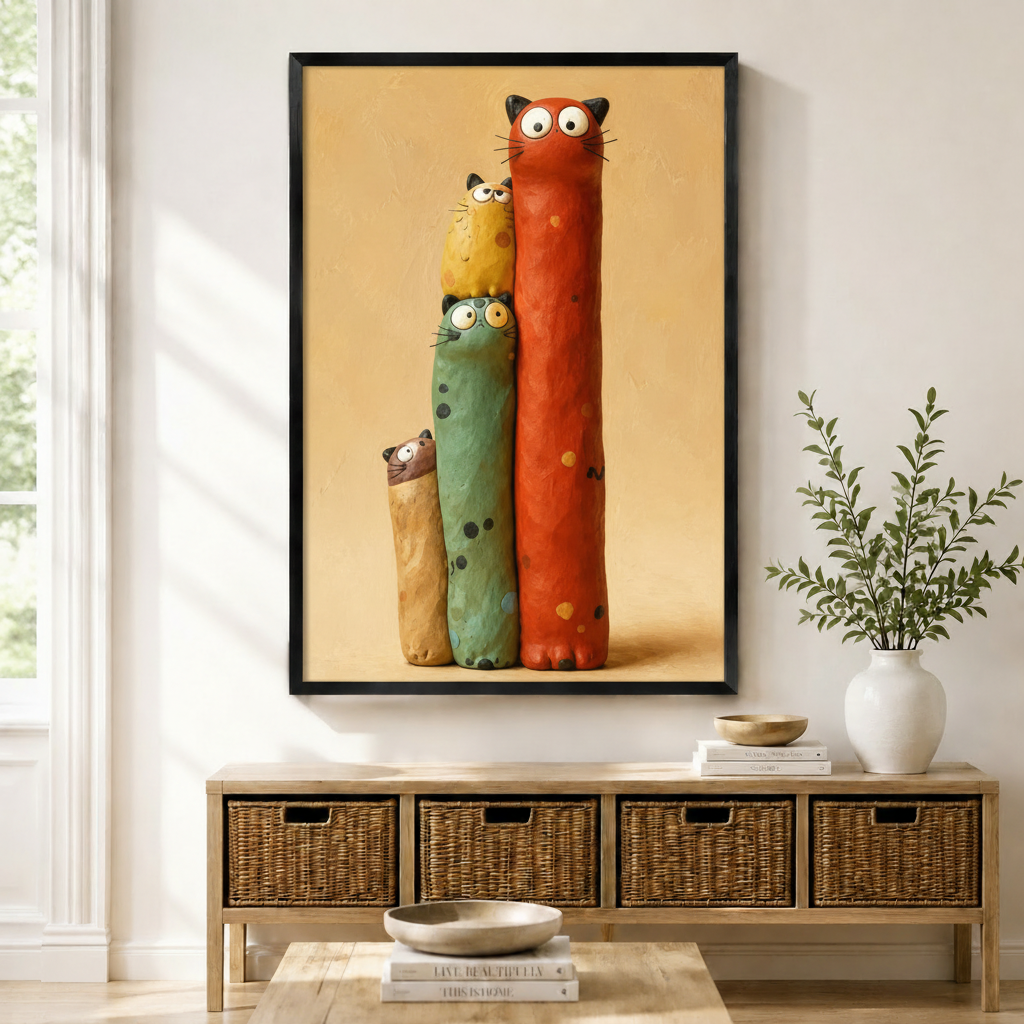 Framed whimsical wall art print of three tall colorful clay-style cats stacked by height in red, green, and beige, displayed above a wicker console table in a bright Scandinavian entryway