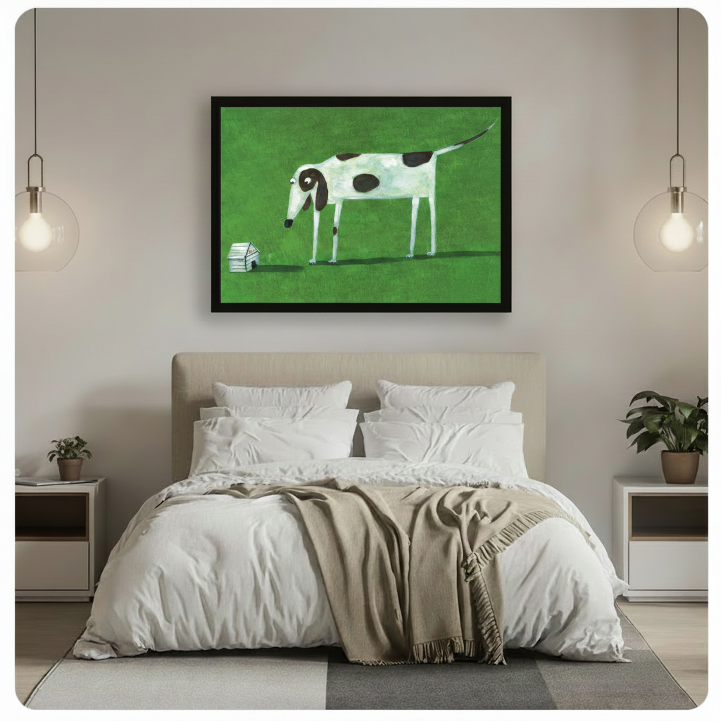 Tall spotted dog and tiny house framed canvas art above bed, quirky green dog painting bedroom wall decor with pendant lights