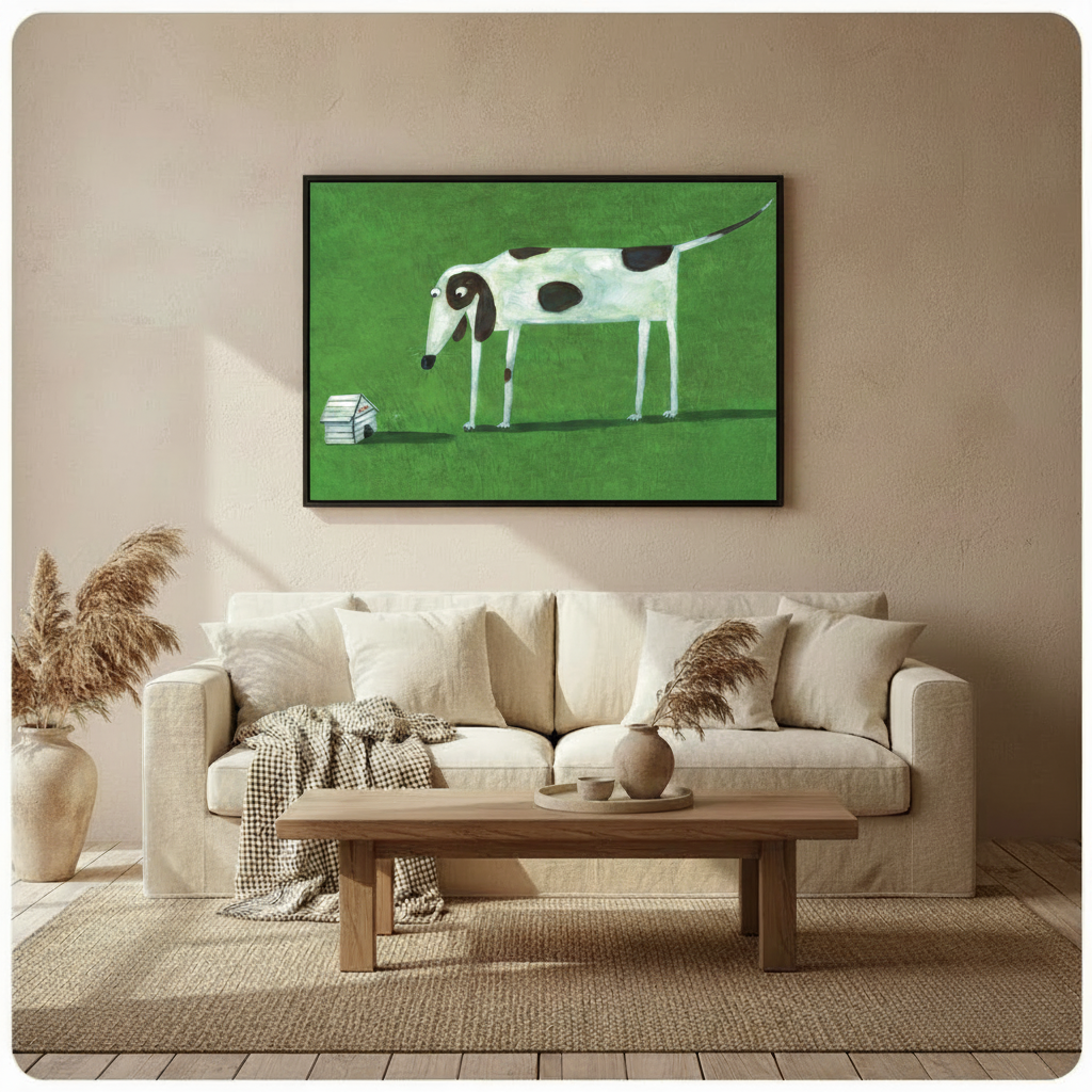 Whimsical tall dog tiny house green painting in black frame above cream sofa, funny dog wall art for boho neutral living room