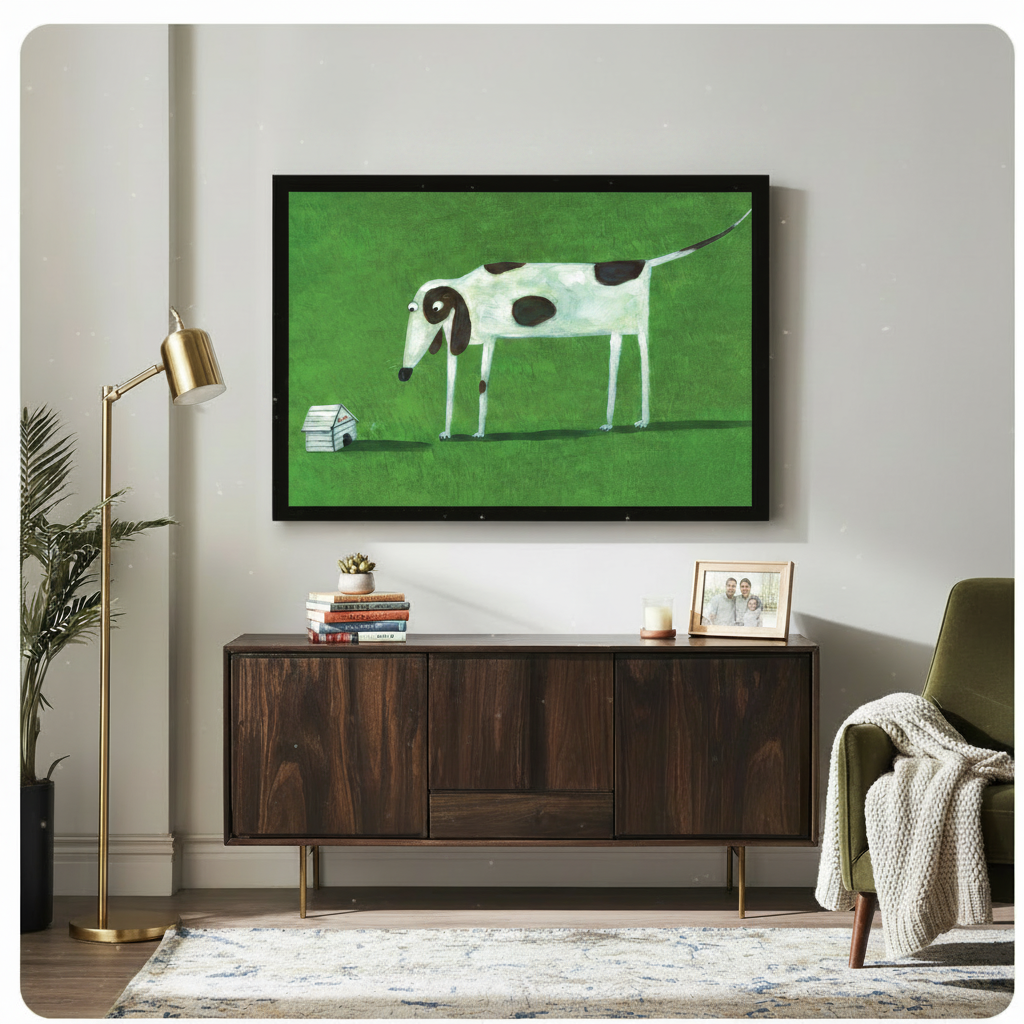 Funny tall dog staring at tiny house canvas print in black frame above walnut sideboard, whimsical dog wall art mid-century living room
