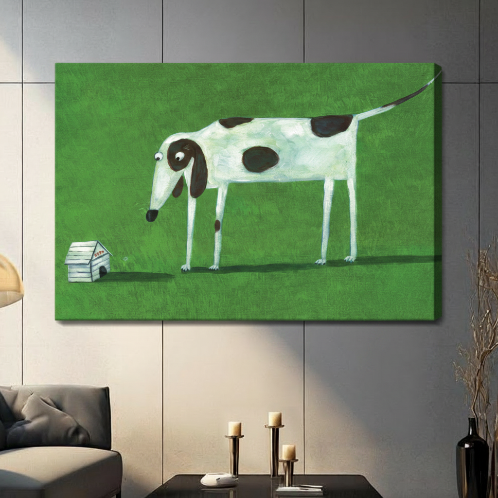 Quirky tall dog and miniature dog house canvas wrap wall art, frameless whimsical illustration print for contemporary home decor