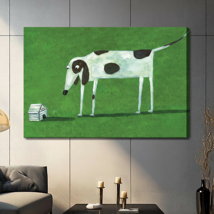 Quirky tall dog and miniature dog house canvas wrap wall art, frameless whimsical illustration print for contemporary home decor