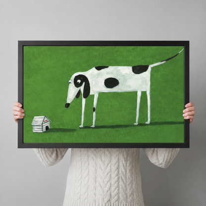 Funny tall spotted dog tiny house framed canvas print hand-held size reference, naive art style black frame wall art