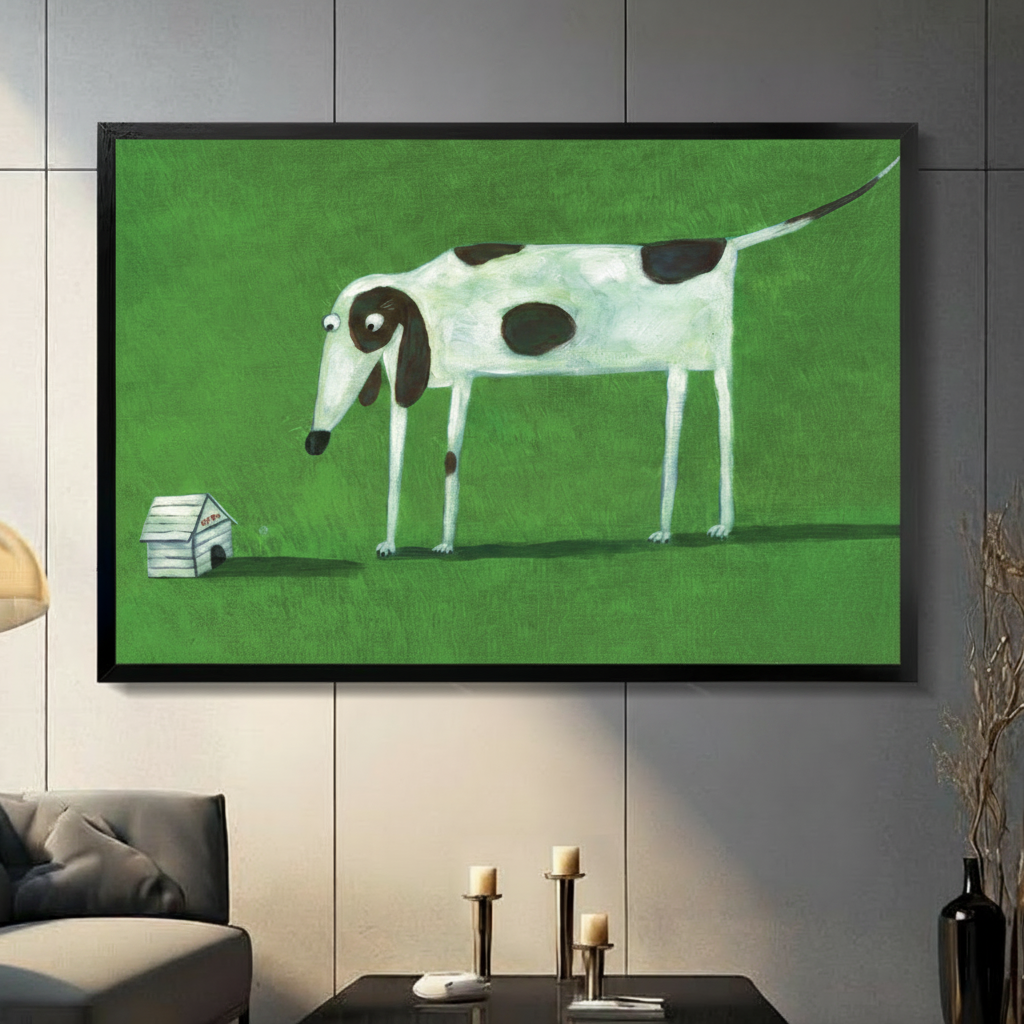 Tall spotted dog staring at tiny dog house green painting in black frame, whimsical naive art canvas print for modern living room
