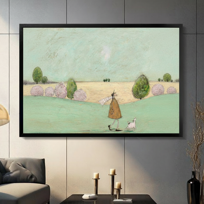 Tall figure in black top hat and brown coat walking white dog through English countryside whimsical naive oil painting in black frame on dark grey panel wall – mint green meadow golden wheat field round trees canvas wall art for living room