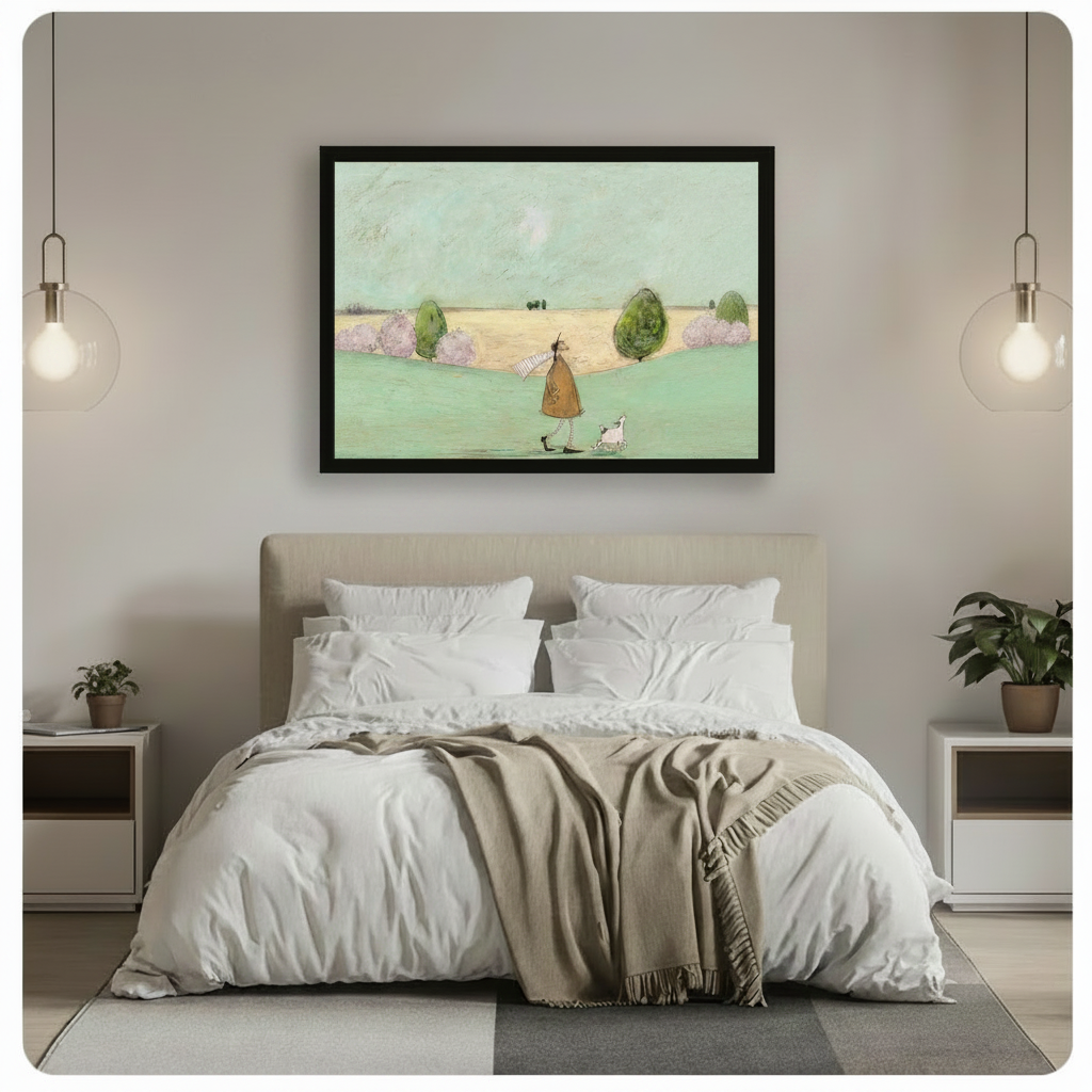 Framed tall figure in black top hat and brown coat walking white dog across English countryside whimsical naive oil painting above white bed in grey bedroom – mint meadow golden wheat lavender shrubs canvas wall art for bedroom decor