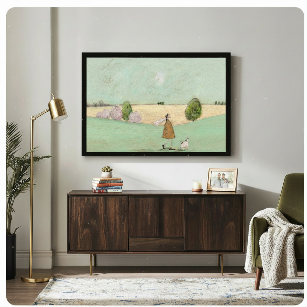 Framed tall figure with striped scarf walking white dog through open English meadow whimsical naive oil painting above dark walnut sideboard on light grey wall – mint green grass golden field round trees canvas wall art for hallway or dining room decor