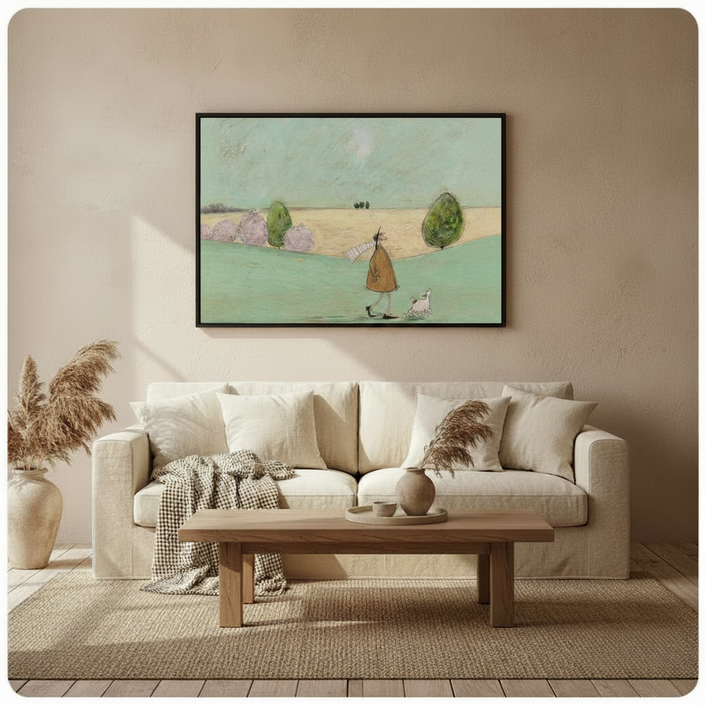 Framed tall figure in brown coat and striped scarf walking white dog through open English meadow whimsical naive oil painting above cream linen sofa on warm beige wall – mint green grass golden field canvas wall art for Scandinavian living room decor