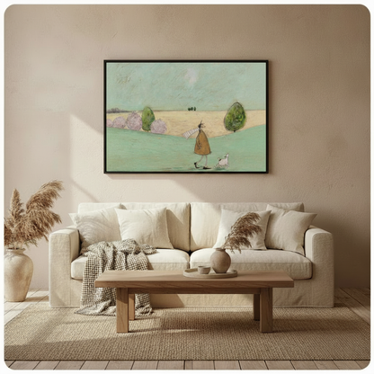 Framed tall figure in brown coat and striped scarf walking white dog through open English meadow whimsical naive oil painting above cream linen sofa on warm beige wall – mint green grass golden field canvas wall art for Scandinavian living room decor