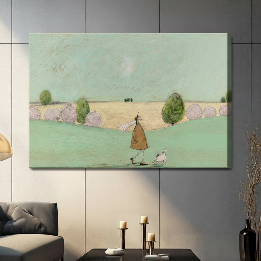 Frameless tall figure in striped scarf and top hat walking white dog across open English meadow whimsical naive oil painting on dark grey panel wall – mint green grass golden field lavender shrubs canvas print for contemporary living room