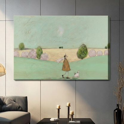 Frameless tall figure in striped scarf and top hat walking white dog across open English meadow whimsical naive oil painting on dark grey panel wall – mint green grass golden field lavender shrubs canvas print for contemporary living room