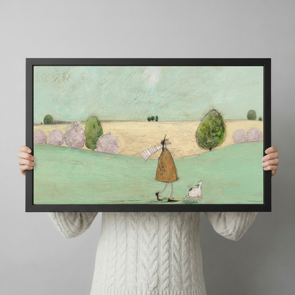 Person holding framed tall figure in black top hat walking white dog through English countryside whimsical naive oil painting canvas – mint green meadow golden wheat field round trees wall art size reference