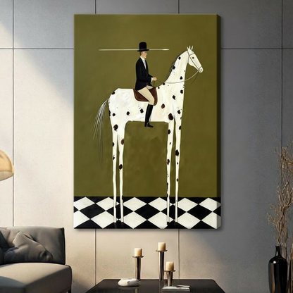 Surrealist naive art painting of a formal equestrian in a black top hat and tailcoat mounted on a white horse with large black spots and unusually long thin legs on a black and white diamond floor against an olive green background quirky horse and rider wall art stretched canvas in a living room with dark gray panel wall dark sofa and black vase
