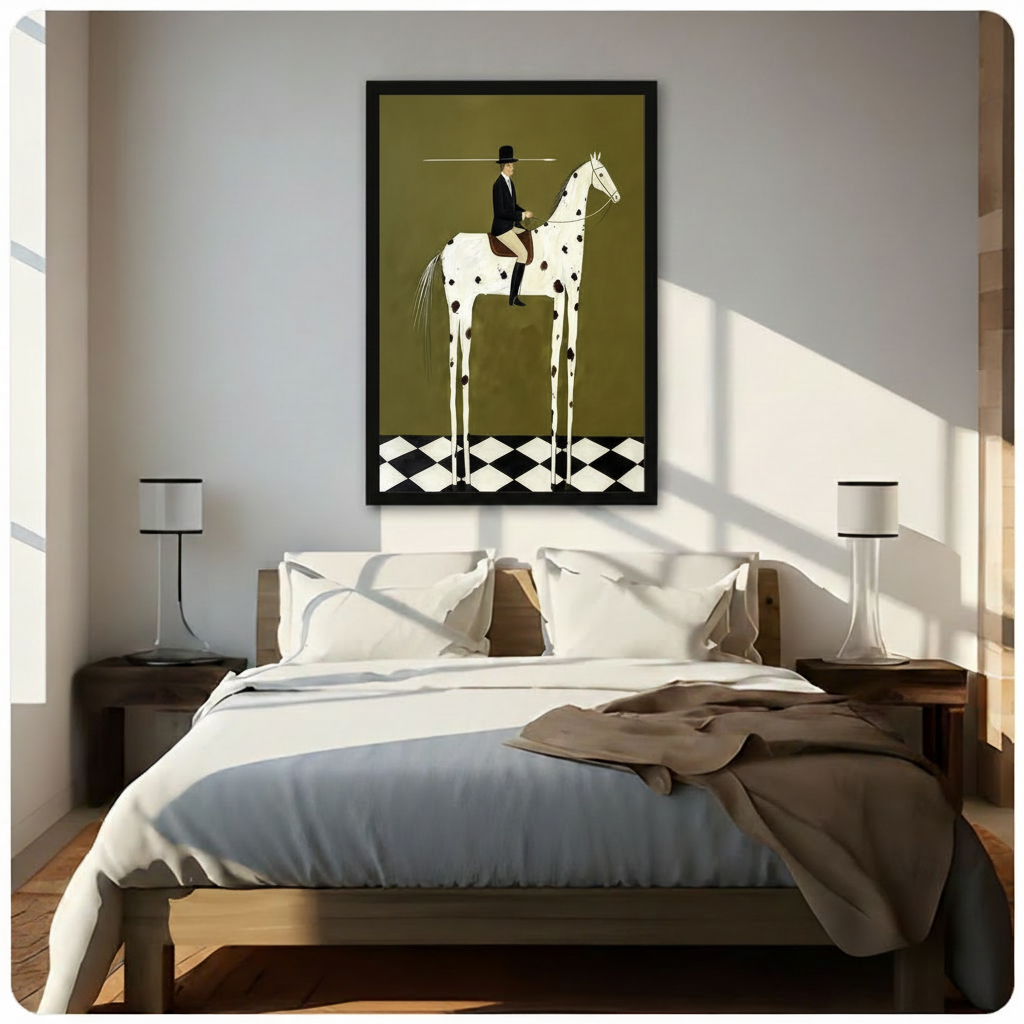 Surrealist naive painting of an elegant rider in black formal wear and top hat on a tall white spotted horse with elongated legs standing on a diamond checkered floor against a flat olive green background whimsical equestrian wall art framed print above a bedroom with white linen bedding dark wood bed frame and white table lamps
