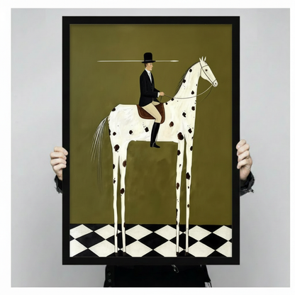 Surrealist naive painting of a formal equestrian in black tailcoat and top hat mounted on an elongated white spotted horse with impossibly long thin legs standing on a black and white diamond floor against a flat olive green background bold equestrian wall art framed print held against a light gray background