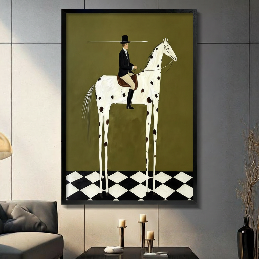 Surrealist naive art painting of a dapper equestrian in a black top hat and tailcoat riding a white horse with oversized black spots and extraordinarily long thin legs on a black and white checkered floor against an olive green background quirky equestrian wall art framed print in a living room with dark gray panel wall dark sofa and black vase