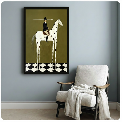 Surrealist naive art painting of an elegant equestrian in a black tailcoat and top hat riding an unusually long-legged white horse with large black spots on an olive green background with black and white diamond floor quirky horse rider wall art framed print beside a white linen armchair on a blue gray wall