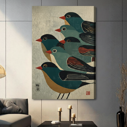 Gallery wrap stretched canvas of five deep teal and black birds with vivid red beaks and small round eyes nestled together in a layered diagonal cluster all oriented to the left with dark rust wing feather details Japanese ukiyo-e inspired woodblock print bird illustration on warm linen-textured cream background hung frameless on a dark gray tile paneled wall above a charcoal sofa with metal candlesticks and black bud vase