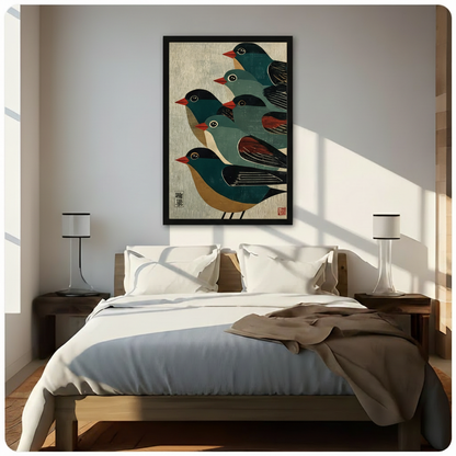 Black framed serene Japanese ukiyo-e inspired woodblock print canvas wall art of five teal black and rust-winged birds with red beaks and small round eyes nestled together in a staggered overlapping cluster all facing left with black kanji stamp and red seal on warm cream linen-textured background zen bird illustration hung in bright diagonal sunlight above a dark wood platform bed with white linen bedding and matching slim black bedside lamps